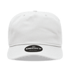 A white 5 Panel High Profile Relaxed Cap featuring a logo on the front and stitching along the visor.