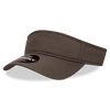 A brown visor with a wide brim and a logo on the front. The design is casual and sleek.