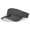A grey visor with a wide brim and an adjustable back, featuring a logo on the front.