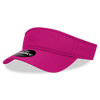 A pink visor with a wide brim and a logo on the front. The strap is adjustable for a comfortable fit.