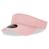 A pink visor with a wide brim and a logo on the front, featuring a simple and sporty design.