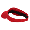 A red mesh jersey visor with a black interior and a curved brim, featuring a logo on the side.