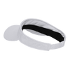 A white mesh jersey visor with a black inner band and a curved brim, featuring a logo.