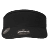 A black visor with a wide brim, featuring a logo and packaging details.