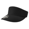 A black visor with a wide brim and an attached logo on the front.