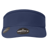 A navy blue visor with a wide brim and a logo on the side.