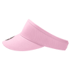 A pink visor with a wide brim and an attached band, featuring a logo on one side.