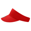 A red visor with a wide brim and an adjustable band features a logo on the front.