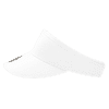 A white visor with a wide brim and an adjustable band, featuring a logo on the front.