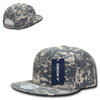 A snapback cap featuring a camouflage design in shades of grey and beige, with a logo on the front.