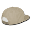 A high-profile structured snapback cap in beige, featuring a rear snap closure and a branded logo.