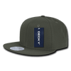 A high-profile structured snapback cap in olive green with a tag and a logo.