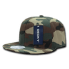 A structured snapback cap in a camouflage pattern with a tag featuring a logo.