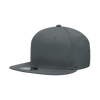 A grey high profile structured snapback cap with a flat brim and a fitted design. It features a logo.