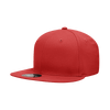A red six-panel high profile structured snapback cap with a flat brim and a logo on the side.