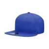 A blue 6 panel high profile structured snapback cap with a flat brim and a logo on the side.