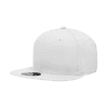 A white 6-panel high-profile structured snapback cap with a flat brim and a branding logo on the underside.
