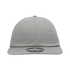 A relaxed flat bill cap in grey featuring a logo on the front.