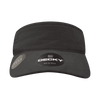 A black visor with a textured design and a logo, featuring a wide brim for sun protection.