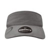 A grey corduroy visor featuring a logo and a sleek design. The product has a textured fabric finish.