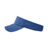 A blue visor featuring a wide brim and textured fabric, with a logo on the front.