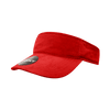 A red corduroy visor with a wide brim and a logo. Suitable for outdoor use.