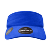 A blue visor with a textured fabric and a logo on the front, featuring a wide brim and an adjustable band.