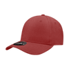 A red six-panel high-profile structured fitted cap with a curved brim and a brand logo on the side.