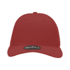 A red high-profile structured fitted cap with a branded logo on the front.