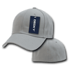 A grey fitted cap featuring a structured design and a logo tag.