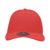 A red, six-panel high-profile structured fitted cap with a black logo on the front.