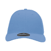 A blue high profile structured fitted cap with a rounded crown and a branded label on the front.