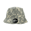 A structured bucket hat in a grey camouflage pattern, featuring a logo on a black tag.