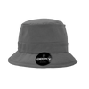 A grey structured fisherman's hat with a wide brim and a circular branding tag.
