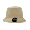 A structured fisherman's hat in beige, featuring a logo. The hat has a wide brim and a classic bucket style.