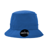 A structured blue fisherman's hat with a wide brim and a logo on the front.