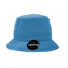 A structured blue fisherman's hat with a wide brim and a logo tag.