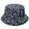A black bucket hat featuring a white paisley pattern and a logo tag on the side.