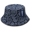 A patterned bucket hat in navy blue featuring a white paisley design, with a logo tag on the side.
