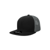 A black high-profile structured trucker cap with a grey mesh back and a logo on the front.