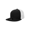A black and white structured trucker cap featuring a mesh back and a branded tag on the front.