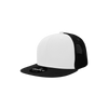 A high-profile structured trucker cap featuring a white front and a black mesh back, with a logo on the front.