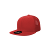A red high-profile structured trucker cap with a mesh back and a logo on the front.