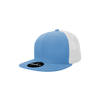 A structured trucker cap featuring a blue front and white mesh back, with a logo on the front.