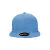 A blue and white high-profile structured trucker hat with a branded tag on the front.