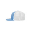 A structured trucker cap in blue with a white mesh back and a logo on the side.