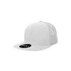 A white trucker cap with a structured high profile, featuring mesh side panels and a logo on the front.