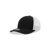 A black and white structured trucker cap with a mesh back and a visible logo.
