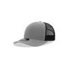A grey trucker cap with a structured front and black mesh back, featuring a logo on the front.