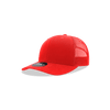 A red mid-profile structured trucker cap with a mesh back and a logo on the front.